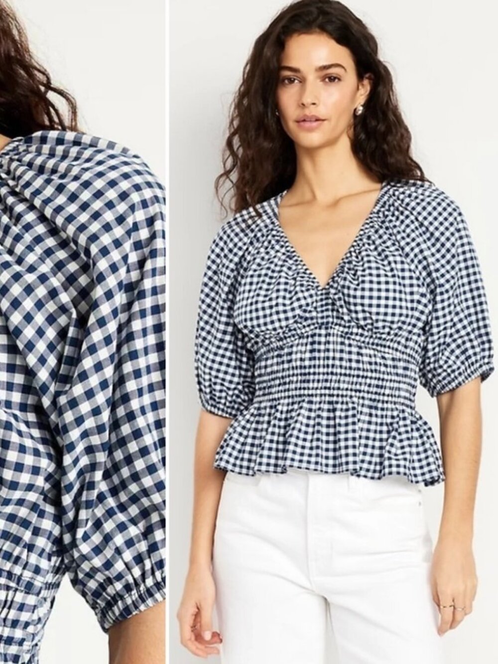 OLD NAVY Blue White Gingham Smocked Peplum Top V-Neck Puff Sleeve Blouse Size M